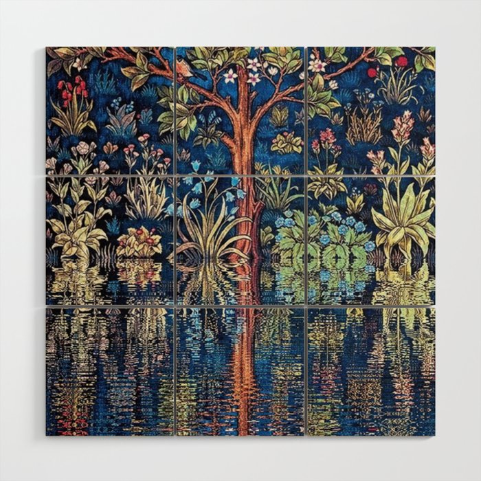 Tree of Life reflecting water of garden lily pond twilight blue nature landscape painting Wood Wall Art Gallery Image 1
