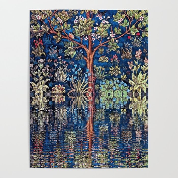 Tree of Life reflecting water of garden lily pond twilight blue nature landscape painting Poster Gallery Image 4