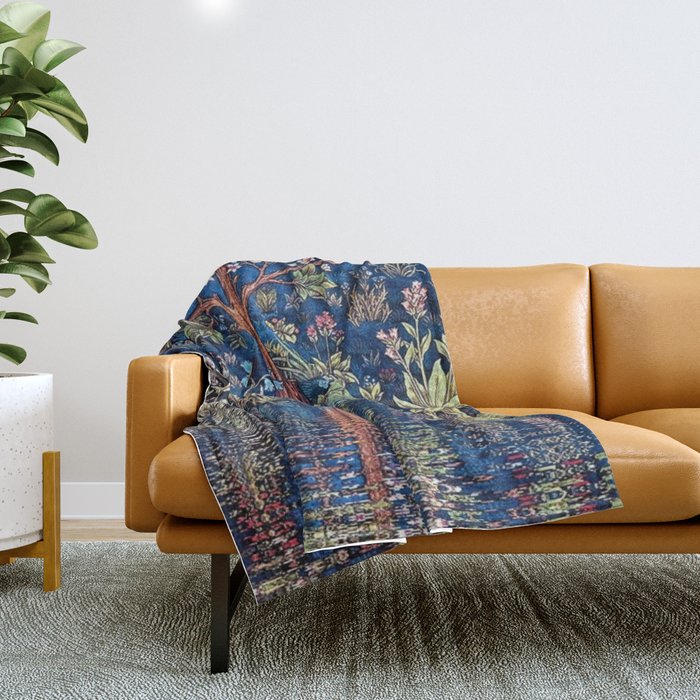Tree of Life reflecting water of garden lily pond twilight blue nature landscape painting Throw Blanket Gallery Image 1