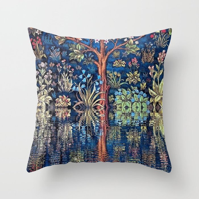 Tree of Life reflecting water of garden lily pond twilight blue nature landscape painting Throw Pillow Gallery Image 1