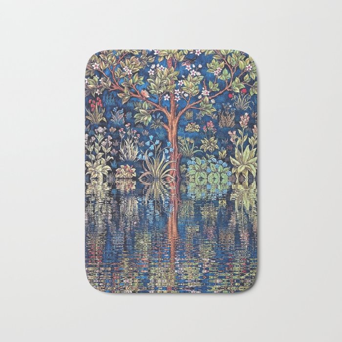 Tree of Life reflecting water of garden lily pond twilight blue nature landscape painting Bath Mat Gallery Image 1