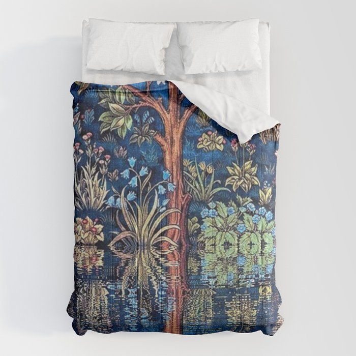 Tree of Life reflecting water of garden lily pond twilight blue nature landscape painting Comforter Gallery Image 1
