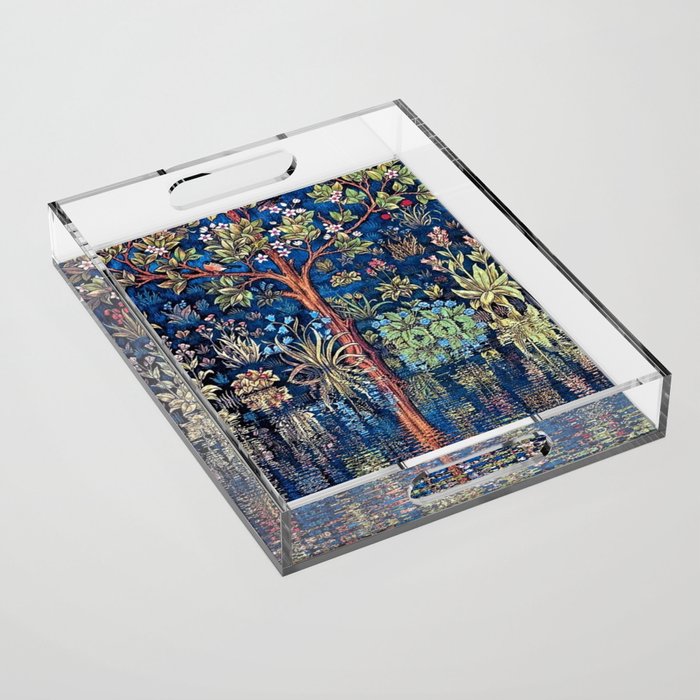 Tree of Life reflecting water of garden lily pond twilight blue nature landscape painting Acrylic Tray Gallery Image 1