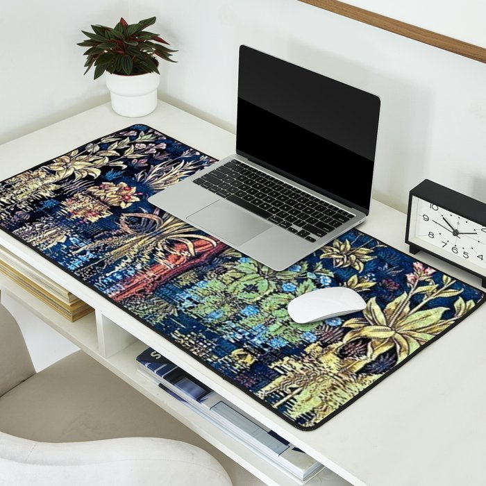 Tree of Life reflecting water of garden lily pond twilight blue nature landscape painting Desk Mat Gallery Image 2