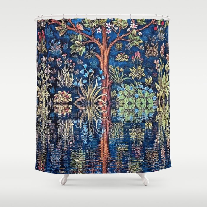 Tree of Life reflecting water of garden lily pond twilight blue nature landscape painting Shower Curtain Gallery Image 1