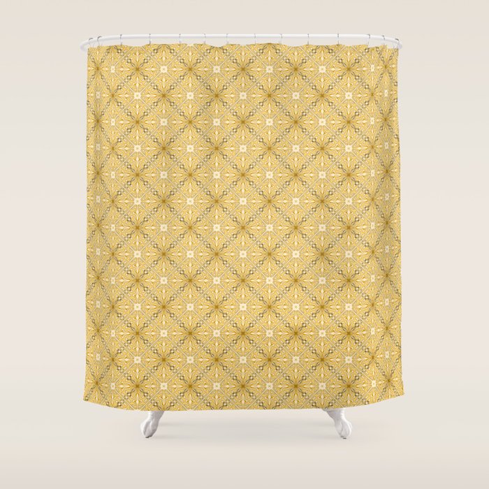 Spanish Murcia Tile Geometric Pattern in Mustard Yellow and Brown Shower Curtain Gallery Image 1