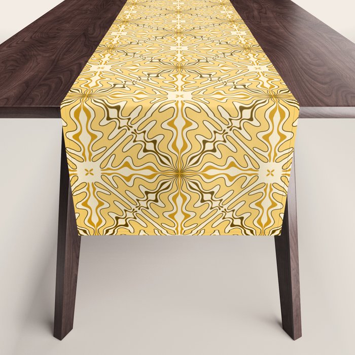 Spanish Murcia Tile Geometric Pattern in Mustard Yellow and Brown Table Runner Gallery Image 1