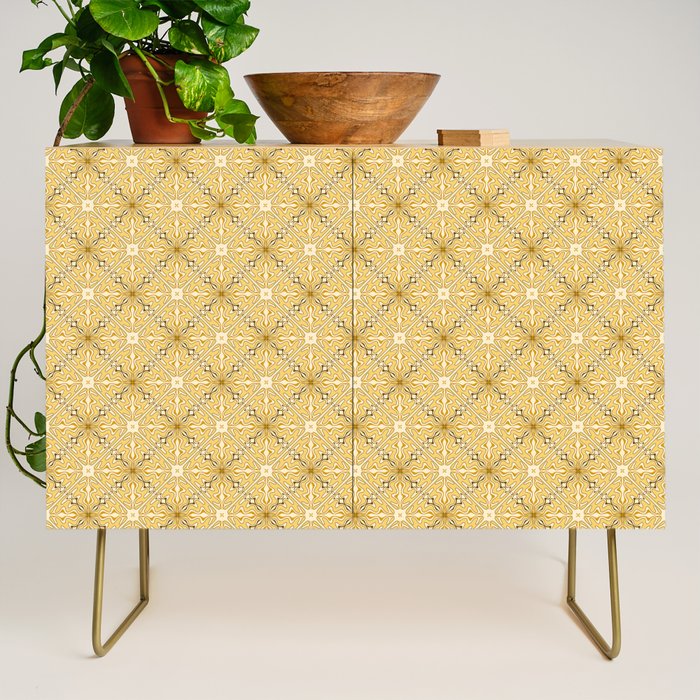 Spanish Murcia Tile Geometric Pattern in Mustard Yellow and Brown Credenza Gallery Image 1