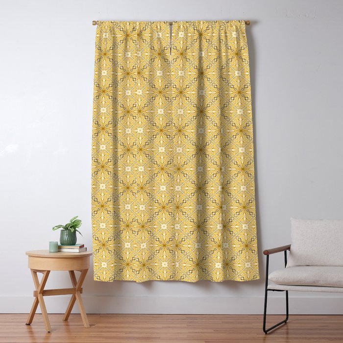 Spanish Murcia Tile Geometric Pattern in Mustard Yellow and Brown Window Curtain Gallery Image 5