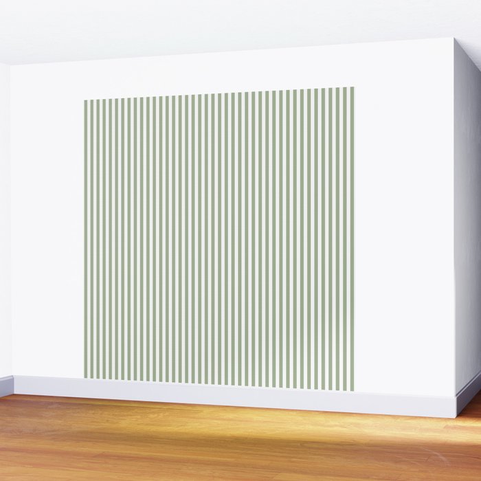 Sage Green and White Classic Narrow Stripe Pattern Vertical Wall Mural Gallery Image 2