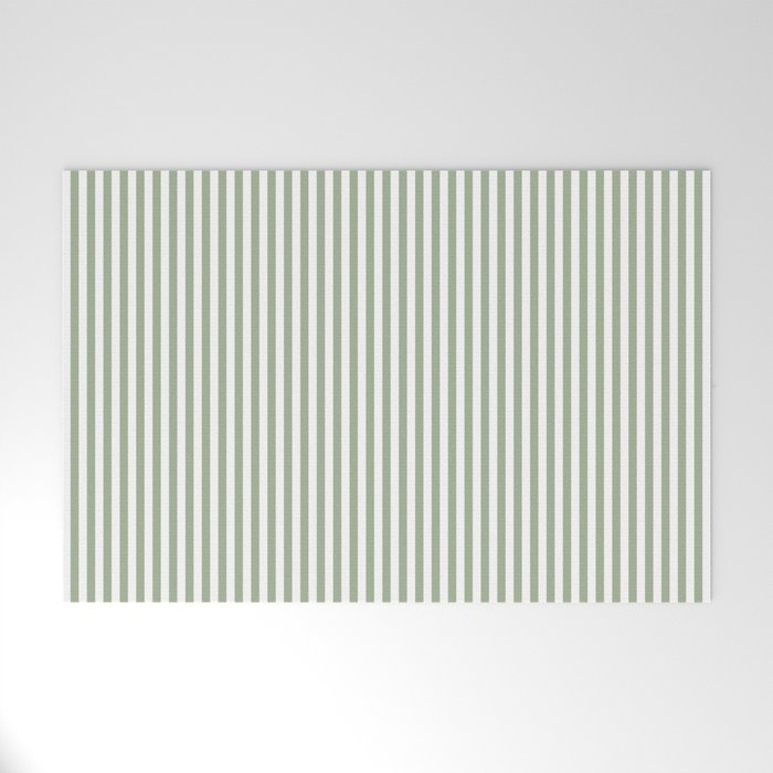Sage Green and White Classic Narrow Stripe Pattern Vertical Welcome Mat Gallery Image 1