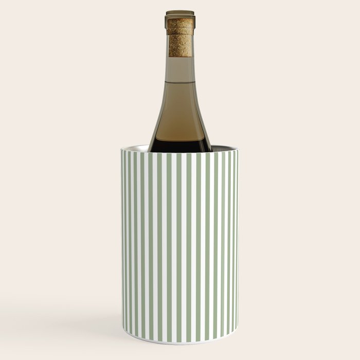 Sage Green and White Classic Narrow Stripe Pattern Vertical Wine Chiller Gallery Image 1