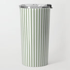 Sage Green and White Classic Narrow Stripe Pattern Vertical Travel Mug Gallery Image 2