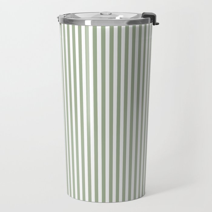 Sage Green and White Classic Narrow Stripe Pattern Vertical Travel Mug Gallery Image 2