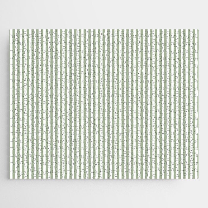 Sage Green and White Classic Narrow Stripe Pattern Vertical Jigsaw Puzzle Gallery Image 1