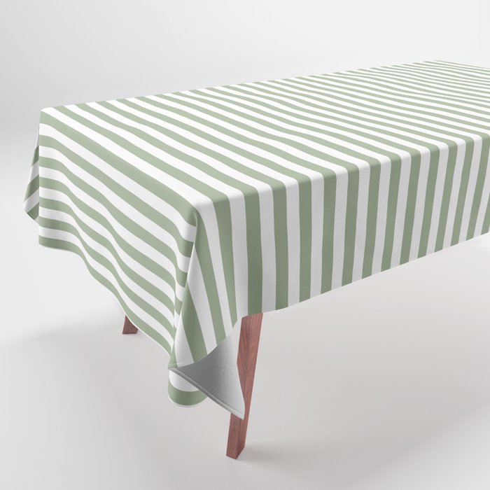 Sage Green and White Classic Narrow Stripe Pattern Vertical Tablecloth Gallery Image 1