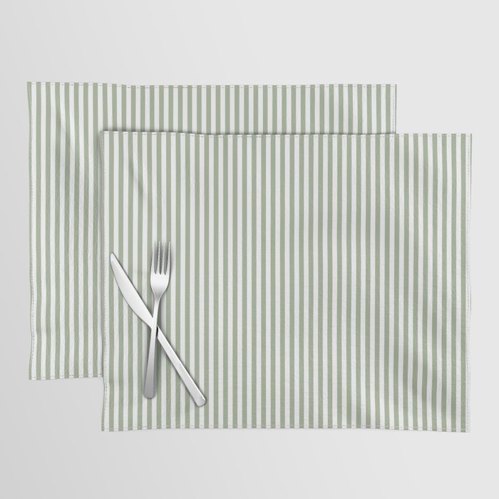 Sage Green and White Classic Narrow Stripe Pattern Vertical Placemat Gallery Image 1
