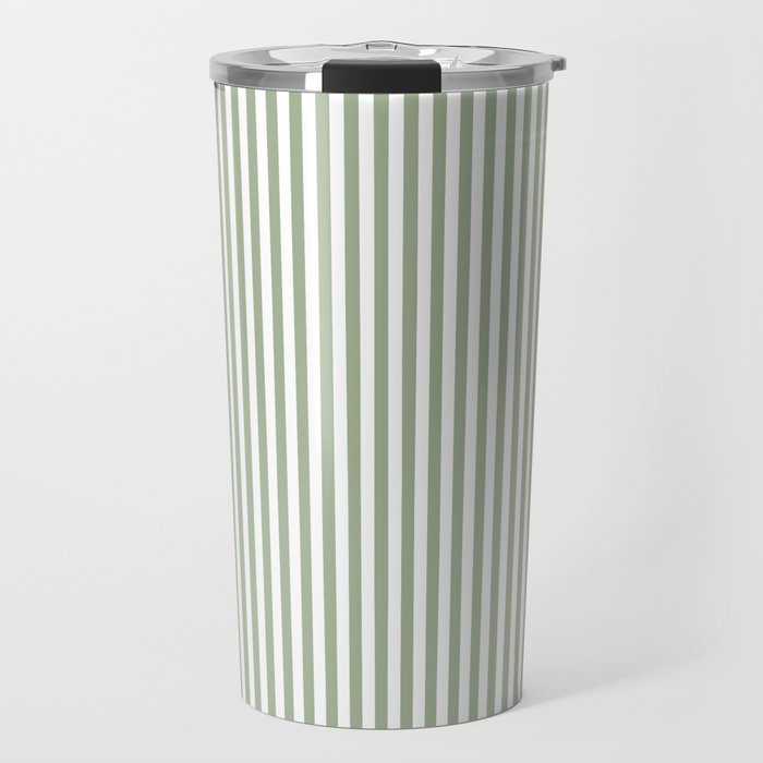 Sage Green and White Classic Narrow Stripe Pattern Vertical Travel Mug Gallery Image 1