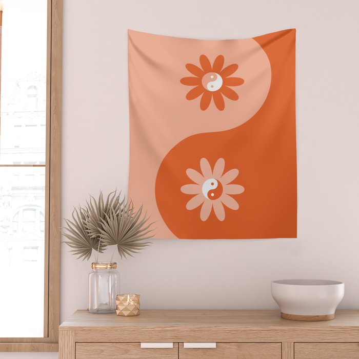 Yin Yang Flower in Orange & Peach Wall Tapestry Gallery Image 2