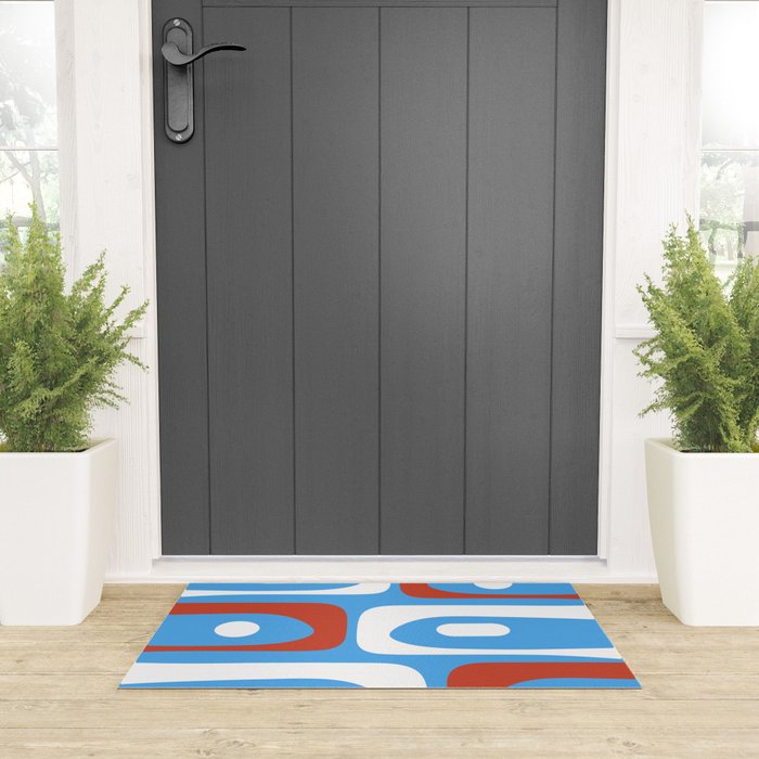 Mid Century Modern Piquet Abstract Pattern Blue Red White Welcome Mat Gallery Image 3