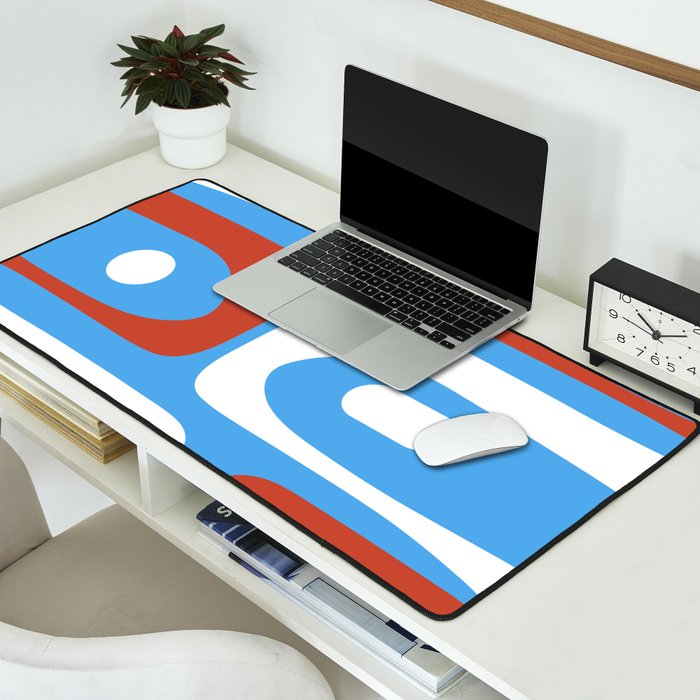 Mid Century Modern Piquet Abstract Pattern Blue Red White Desk Mat Gallery Image 2