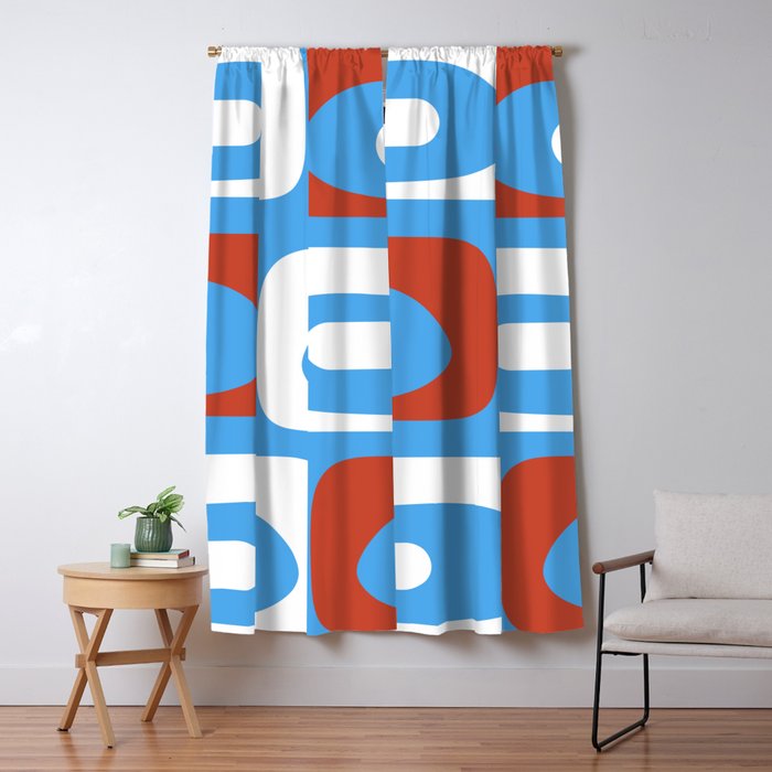 Mid Century Modern Piquet Abstract Pattern Blue Red White Window Curtain Gallery Image 1