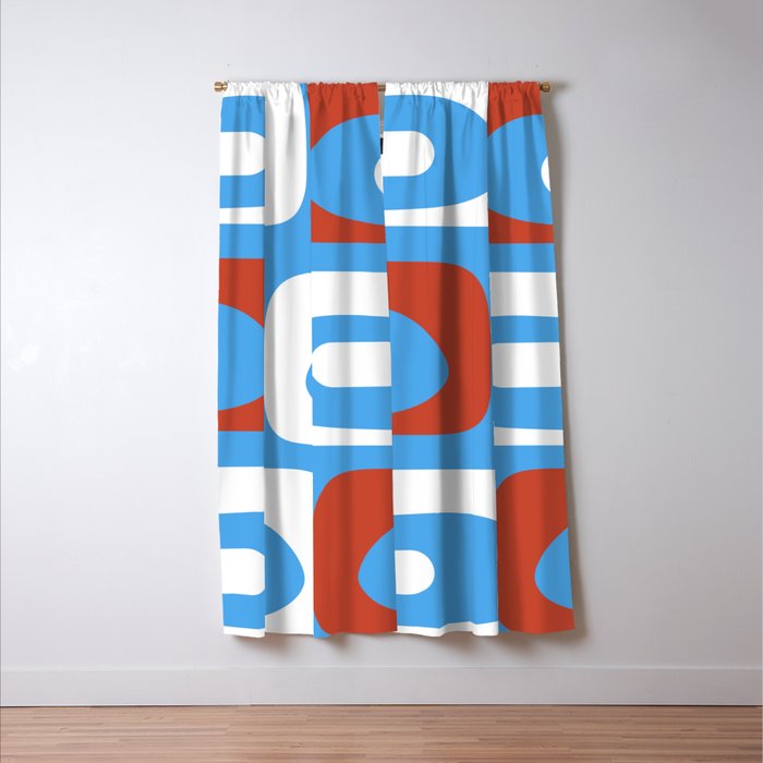 Mid Century Modern Piquet Abstract Pattern Blue Red White Window Curtain Gallery Image 3