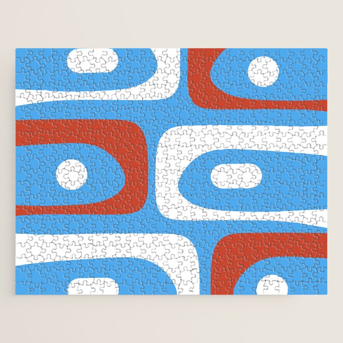 Mid Century Modern Piquet Abstract Pattern Blue Red White Jigsaw Puzzle Gallery Image 1