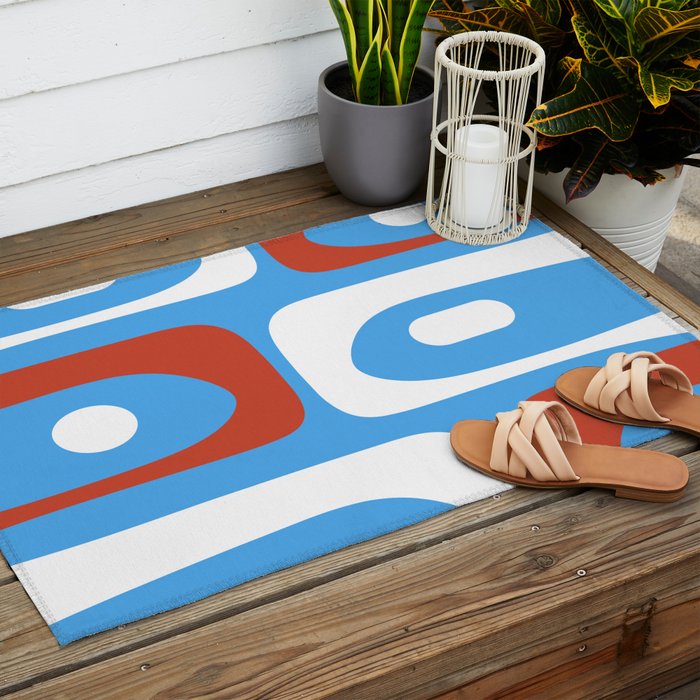 Mid Century Modern Piquet Abstract Pattern Blue Red White Outdoor Rug Gallery Image 2