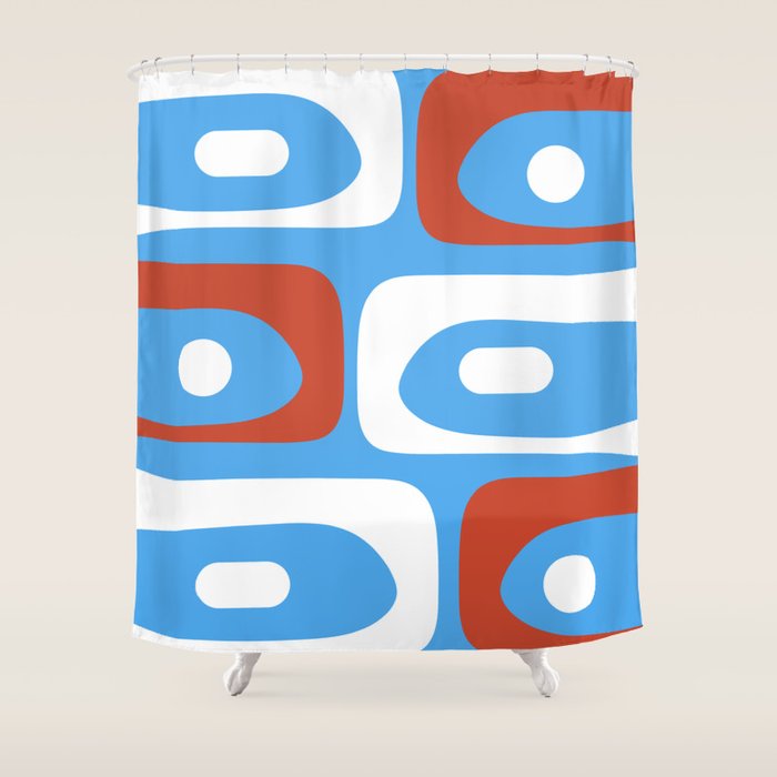Mid Century Modern Piquet Abstract Pattern Blue Red White Shower Curtain Gallery Image 1