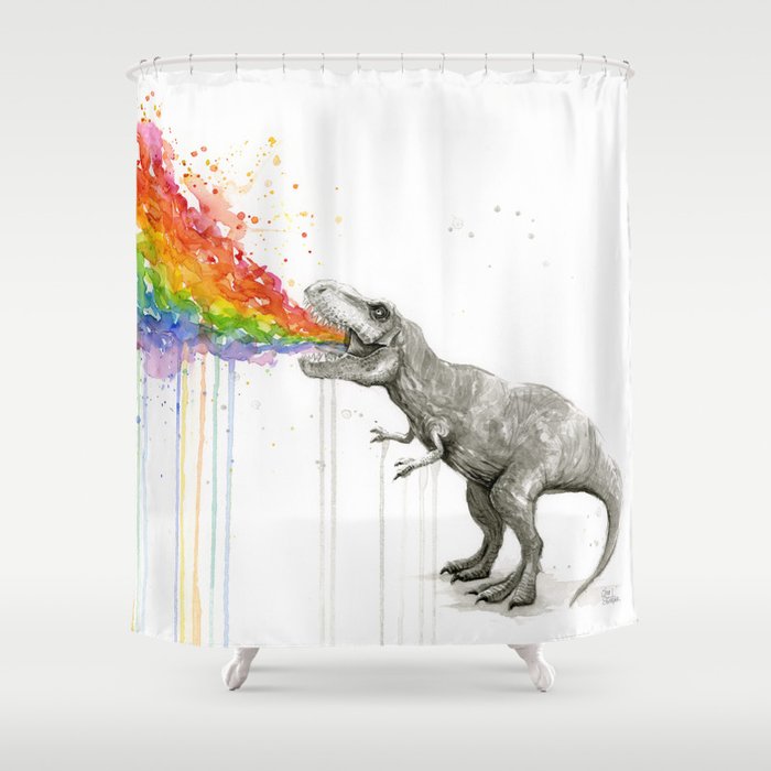 T-Rex Dinosaur Rainbow Puke Taste the Rainbow Watercolor Shower Curtain Gallery Image 1