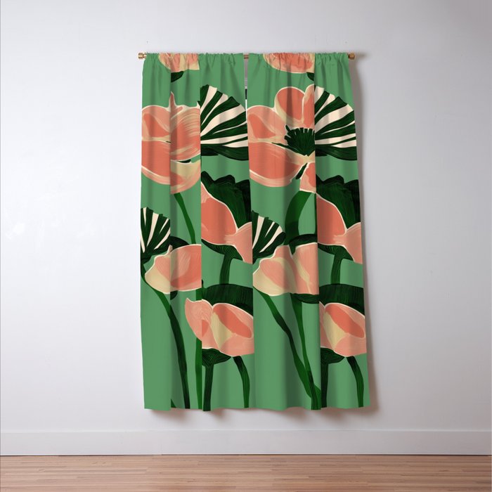 Coral Poppies on Green Window Curtain Gallery Image 3