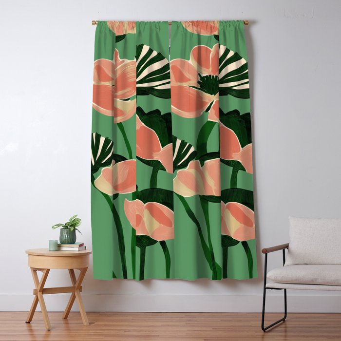Coral Poppies on Green Window Curtain Gallery Image 5