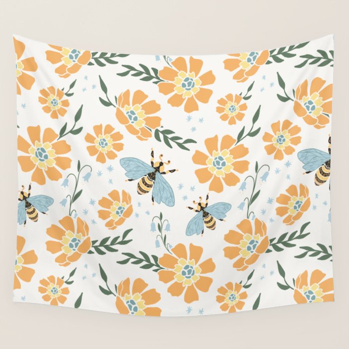 Honey Bees and Orange Flowers Wall Tapestry Gallery Image 1