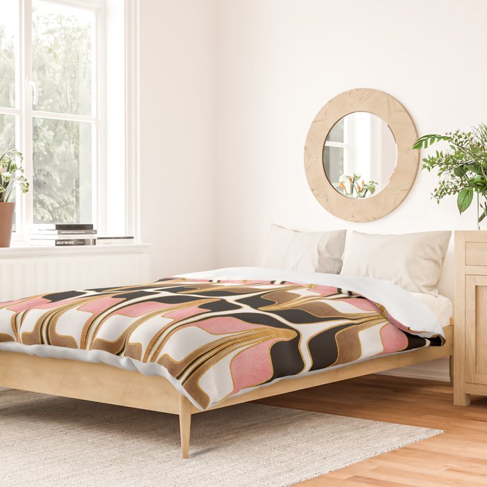 Mid Century Modern Liquid Watercolor Abstract / Faux Gold, Blush Pink, Brown, Black, White / V1 Duvet Cover Gallery Image 2