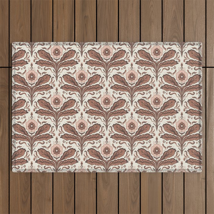 Mocha Mousse Art Deco Floral Vintage Symmetrical Botanical Pattern Outdoor Rug Gallery Image 1