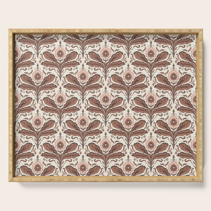 Mocha Mousse Art Deco Floral Vintage Symmetrical Botanical Pattern Serving Tray Gallery Image 1