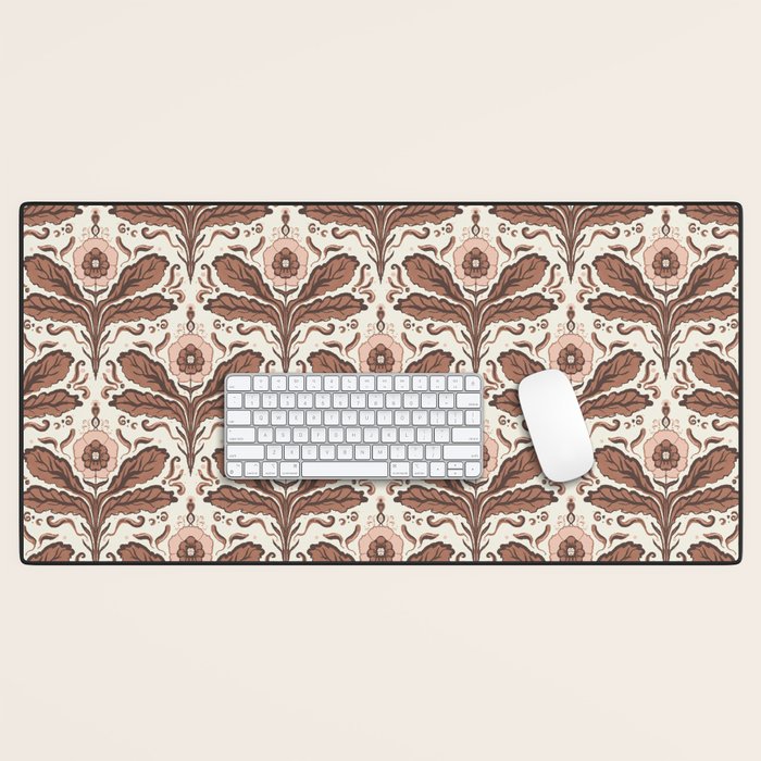 Mocha Mousse Art Deco Floral Vintage Symmetrical Botanical Pattern Desk Mat Gallery Image 1
