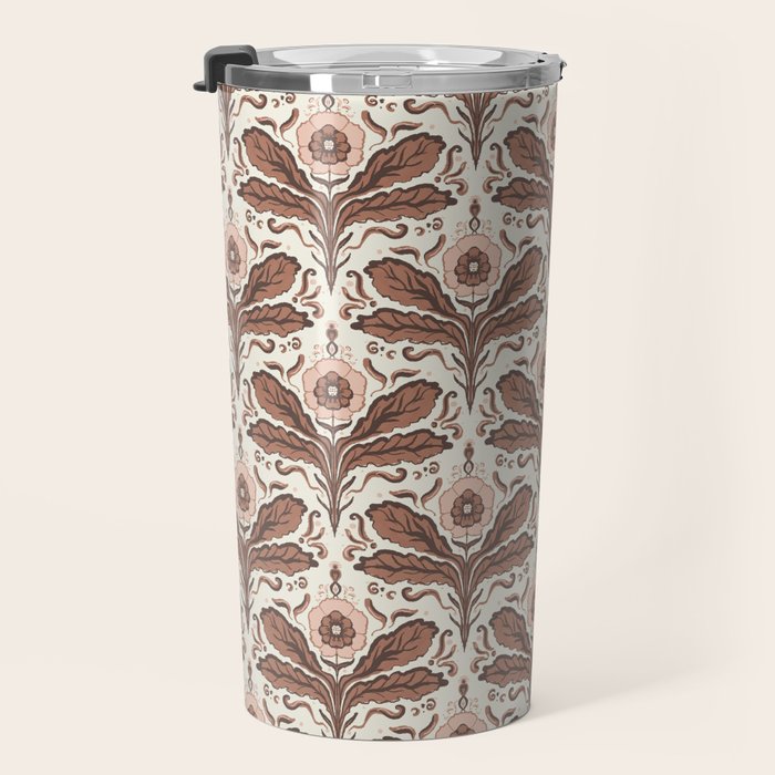 Mocha Mousse Art Deco Floral Vintage Symmetrical Botanical Pattern Travel Mug Gallery Image 3
