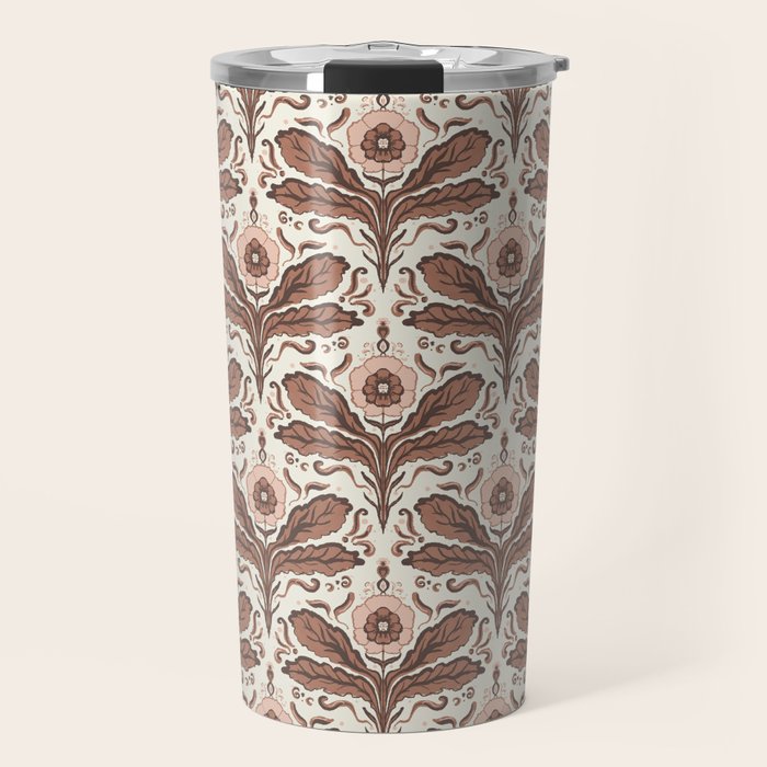 Mocha Mousse Art Deco Floral Vintage Symmetrical Botanical Pattern Travel Mug Gallery Image 1