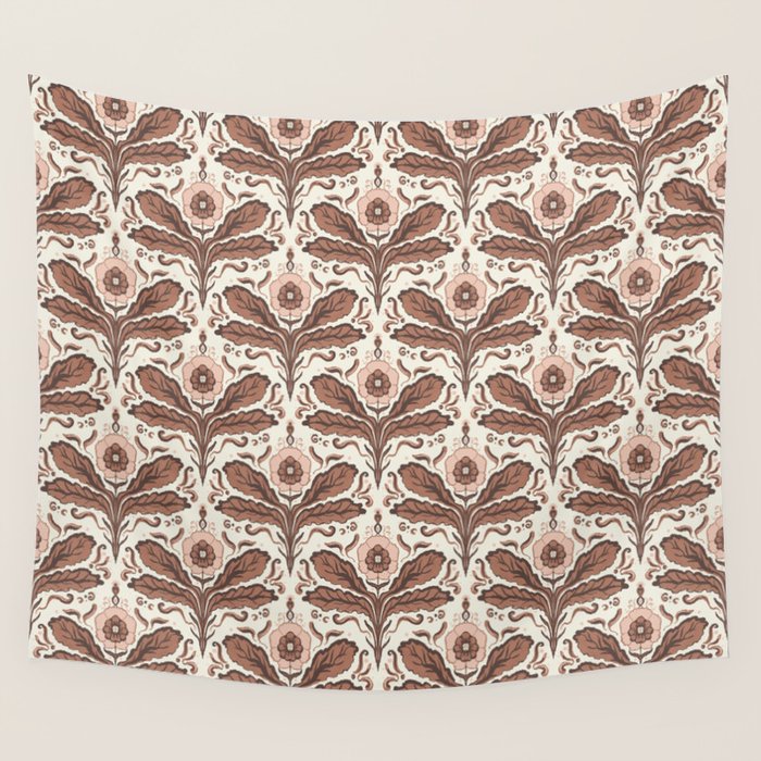 Mocha Mousse Art Deco Floral Vintage Symmetrical Botanical Pattern Wall Tapestry Gallery Image 1