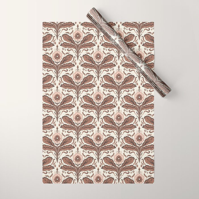 Mocha Mousse Art Deco Floral Vintage Symmetrical Botanical Pattern Wrapping Paper Gallery Image 1