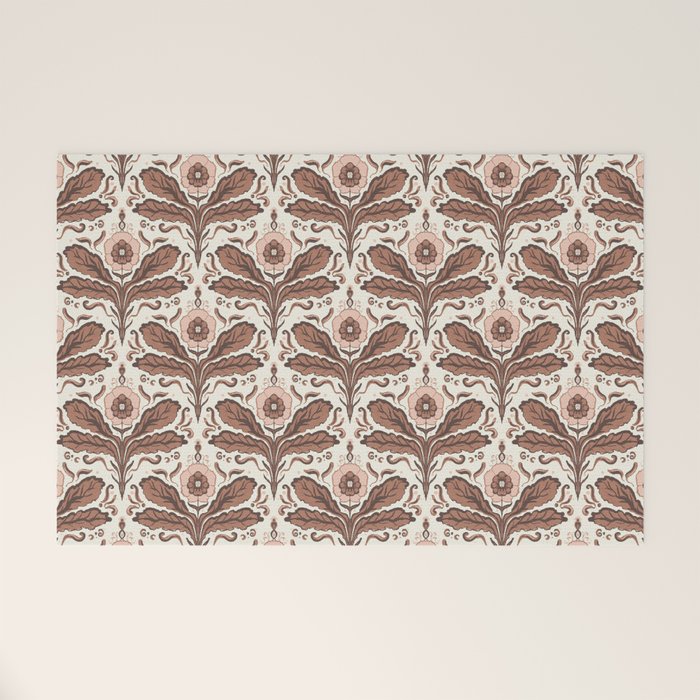Mocha Mousse Art Deco Floral Vintage Symmetrical Botanical Pattern Welcome Mat Gallery Image 1