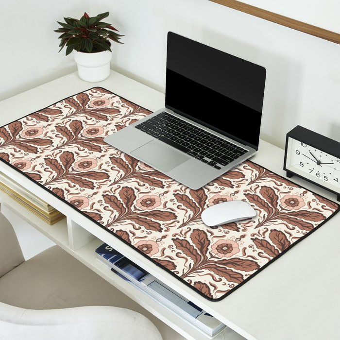 Mocha Mousse Art Deco Floral Vintage Symmetrical Botanical Pattern Desk Mat Gallery Image 2