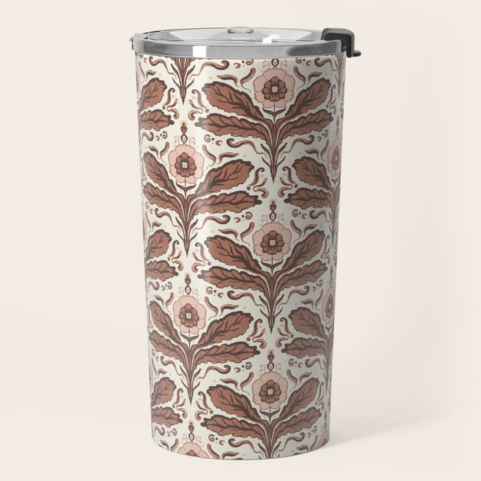 Mocha Mousse Art Deco Floral Vintage Symmetrical Botanical Pattern Travel Mug Gallery Image 2