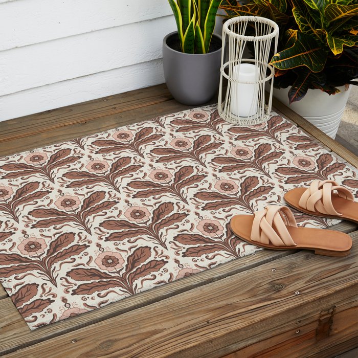 Mocha Mousse Art Deco Floral Vintage Symmetrical Botanical Pattern Outdoor Rug Gallery Image 2