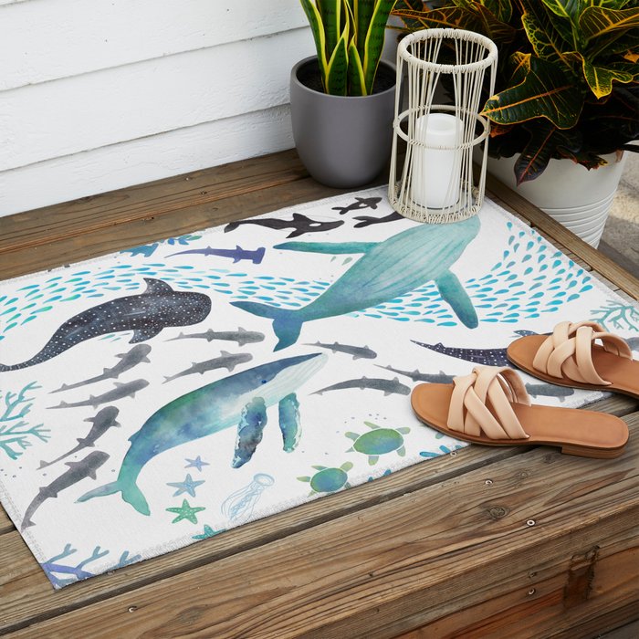Sharks, Humpback Whales, Orcas & Turtles Ocean Play Print Outdoor Rug Gallery Image 2