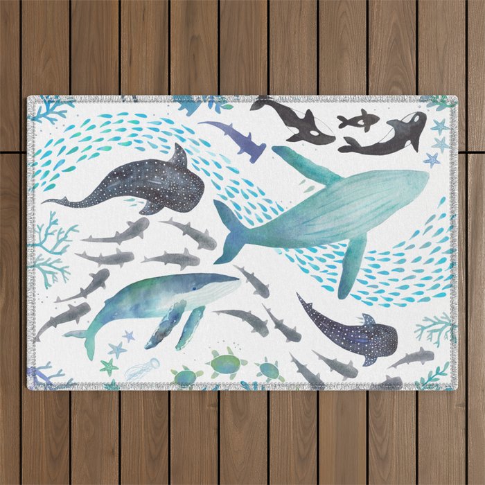 Sharks, Humpback Whales, Orcas & Turtles Ocean Play Print Outdoor Rug Gallery Image 1