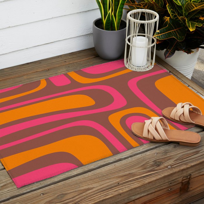 Mid-Century Modern Abstract Palm Springs Eclectic Pattern in Pink Brown Orange Outdoor Rug Gallery Image 2