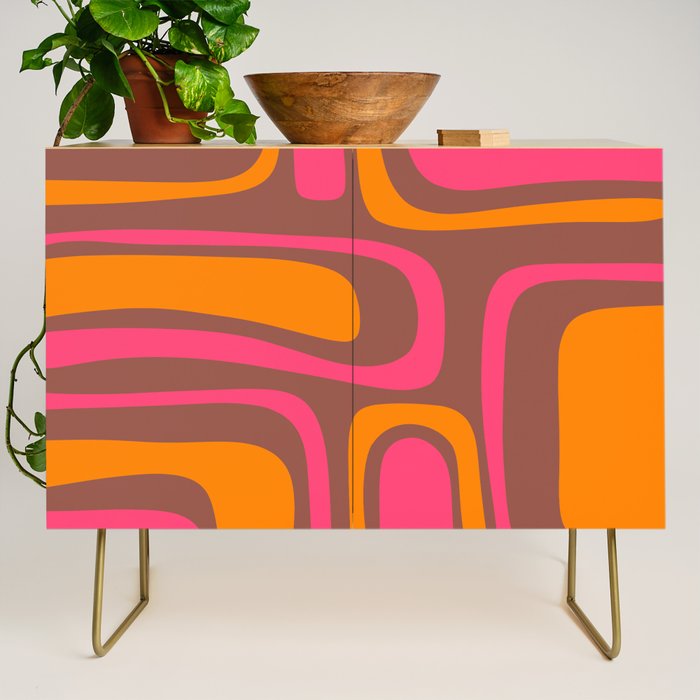Mid-Century Modern Abstract Palm Springs Eclectic Pattern in Pink Brown Orange Credenza Gallery Image 1